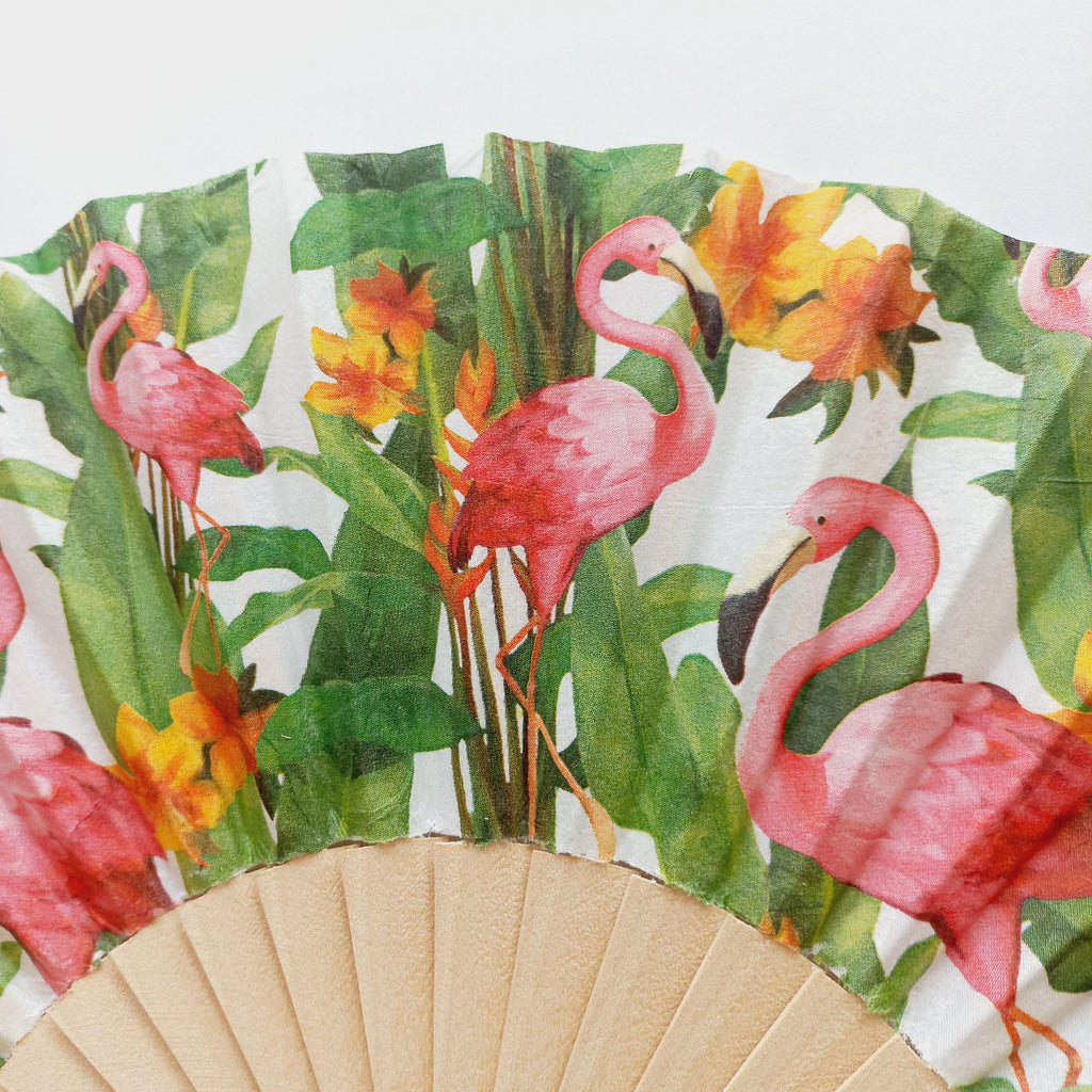 Tropical Flamingo Hand Fan – Pink Flamingo  Hibiscus Folding Fan –Summer Beach Accessory – Exotic Party Favor - Folding Fan with Palm Leaves