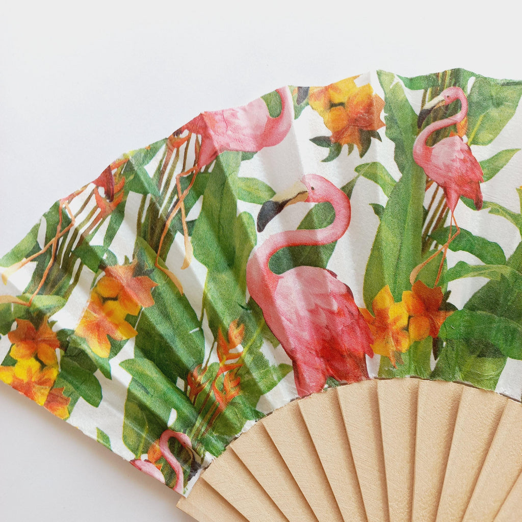 Tropical Flamingo Hand Fan – Pink Flamingo  Hibiscus Folding Fan –Summer Beach Accessory – Exotic Party Favor - Folding Fan with Palm Leaves