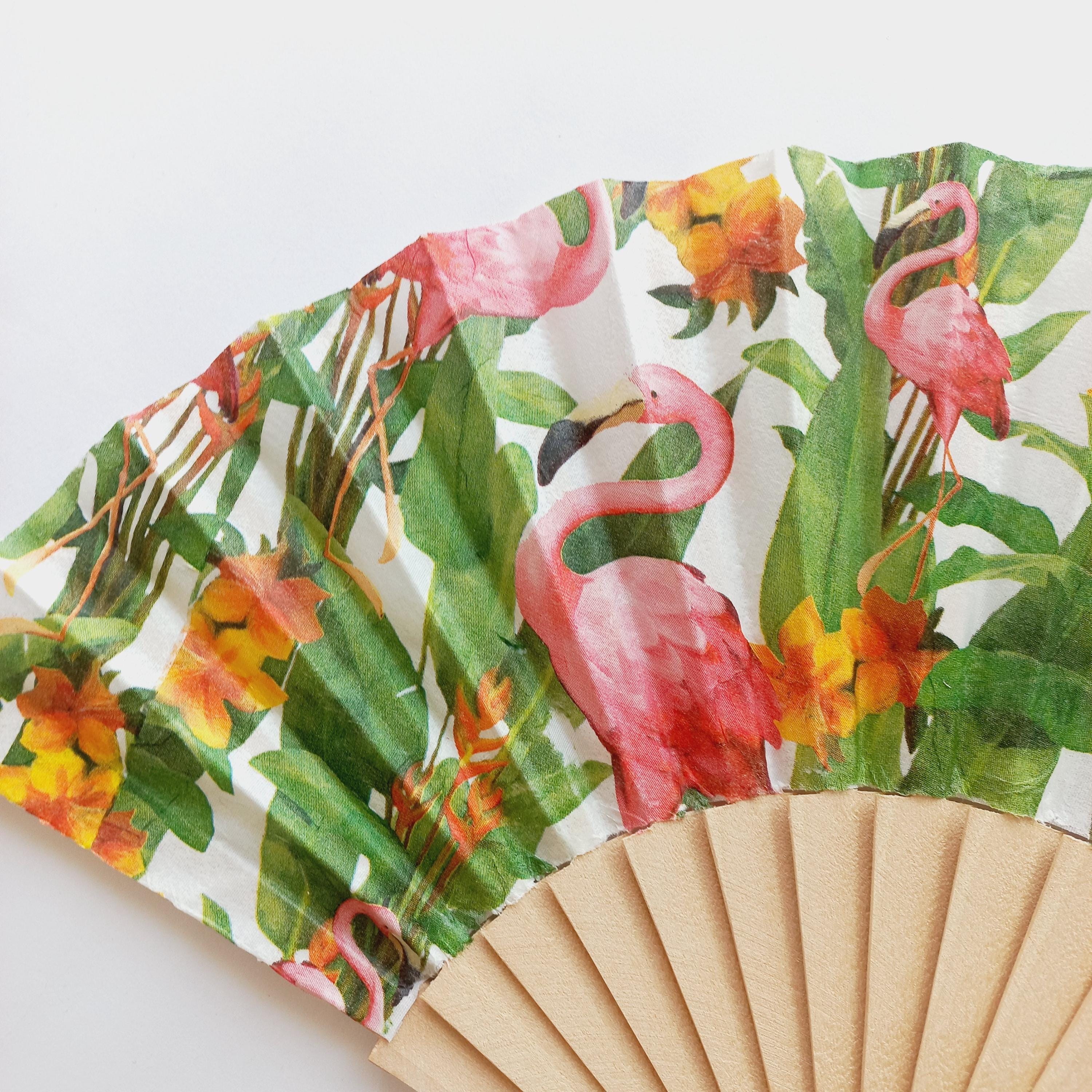 Tropical Flamingo Hand Fan – Pink Flamingo  Hibiscus Folding Fan –Summer Beach Accessory – Exotic Party Favor - Folding Fan with Palm Leaves