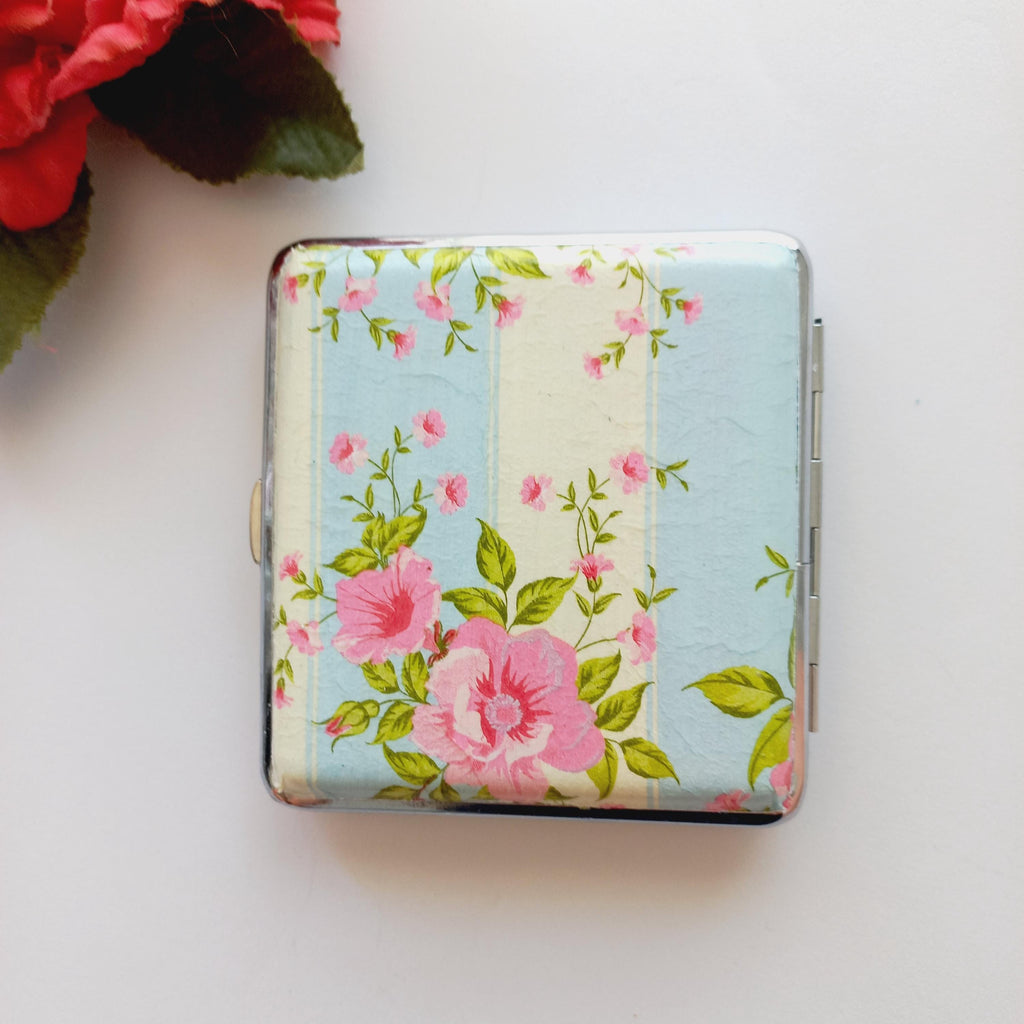 Floral Cigarette Case – Pink Rose Metal Wallet – Romantic Victorian Flower Print Case – Gift for Her
