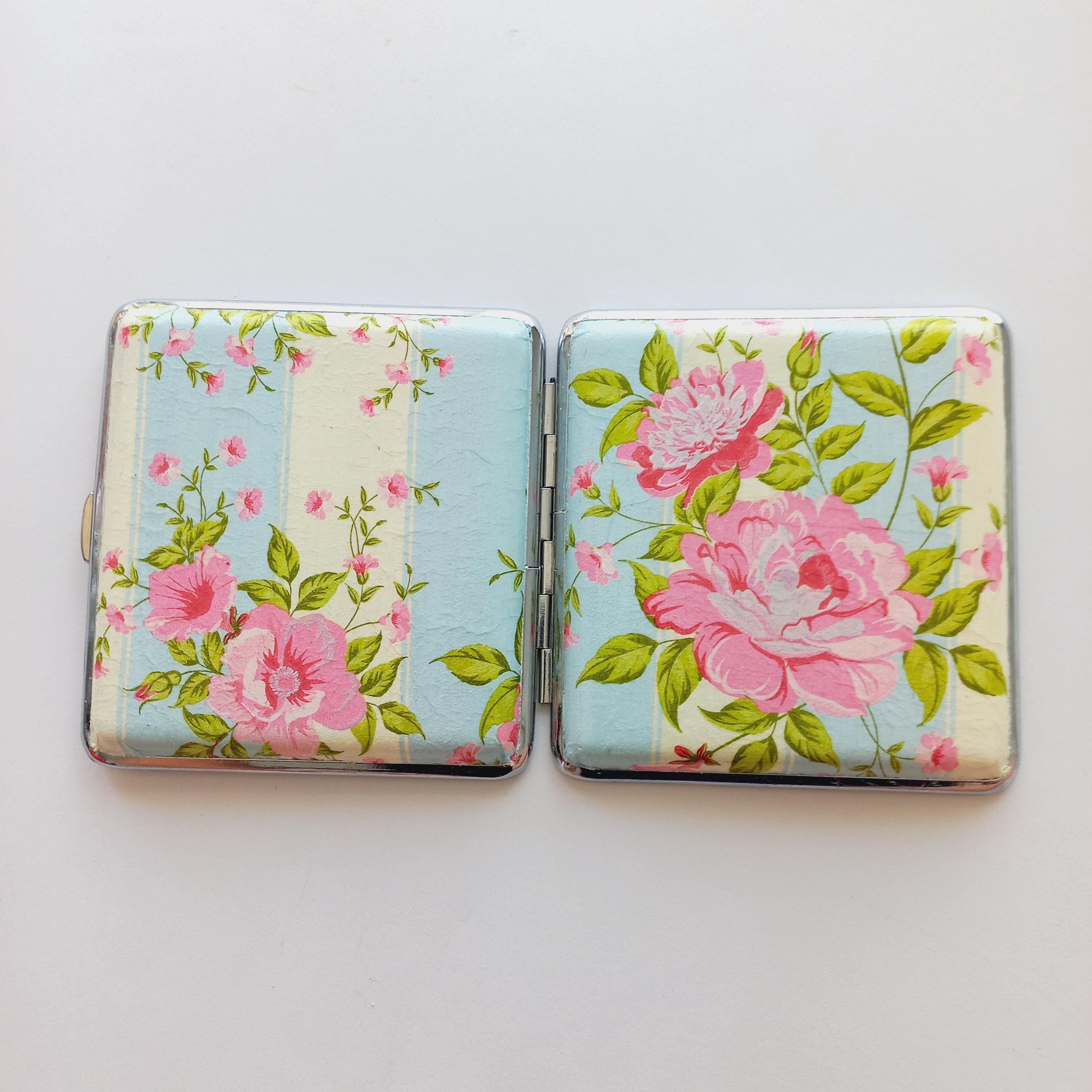 Floral Cigarette Case – Pink Rose Metal Wallet – Romantic Victorian Flower Print Case – Gift for Her