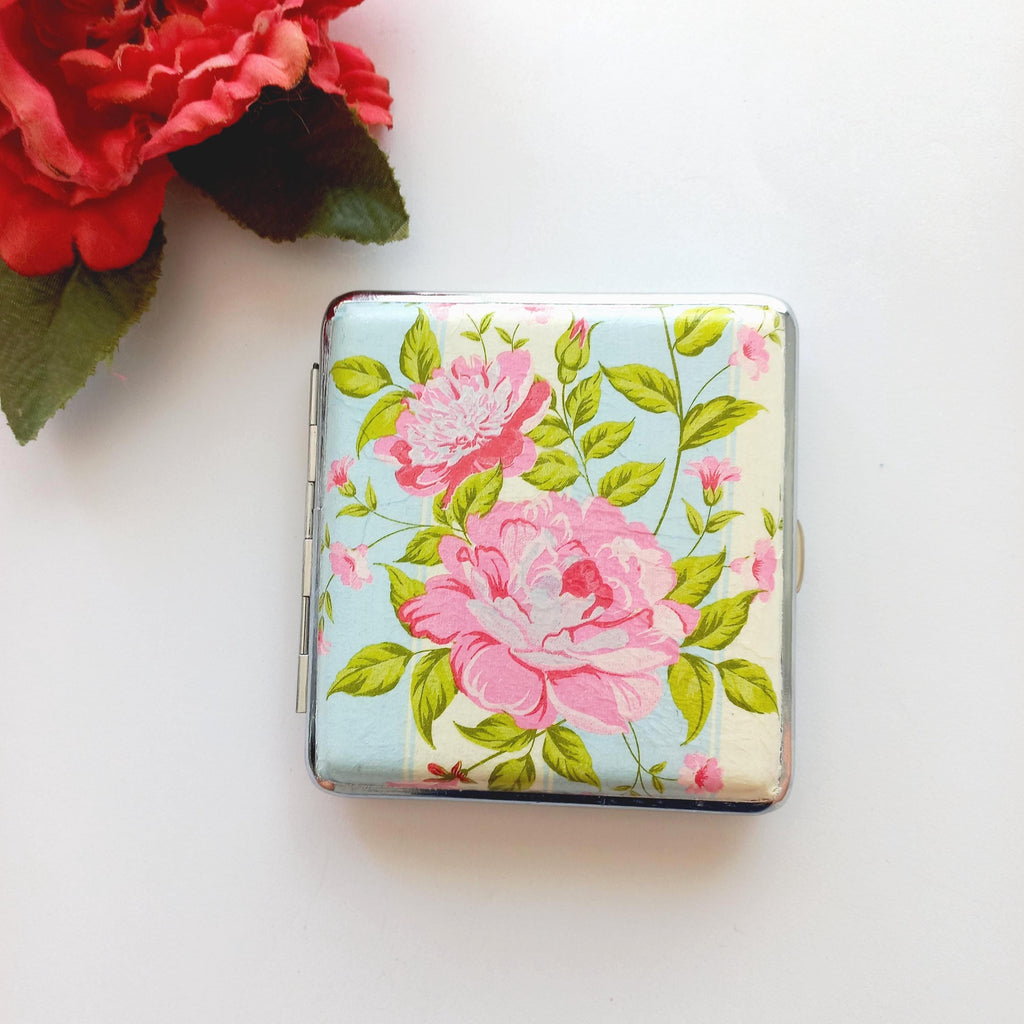 Floral Cigarette Case – Pink Rose Metal Wallet – Romantic Victorian Flower Print Case – Gift for Her