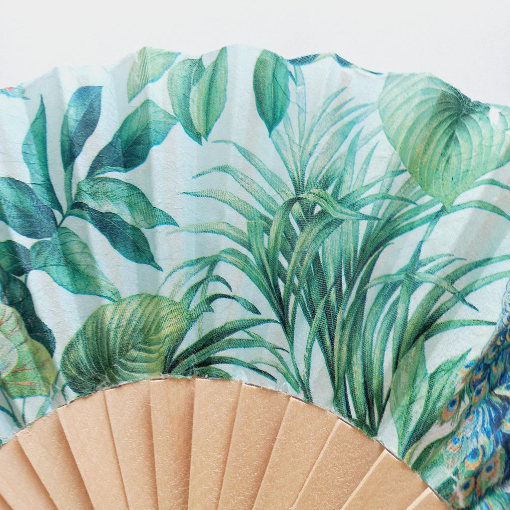 Tropical Leaves Hand Fan – Peacock Folding Fan –Summer Beach Accessory – Exotic Party Favor - Folding Fan with Palm Leaves - bridesmaid gift