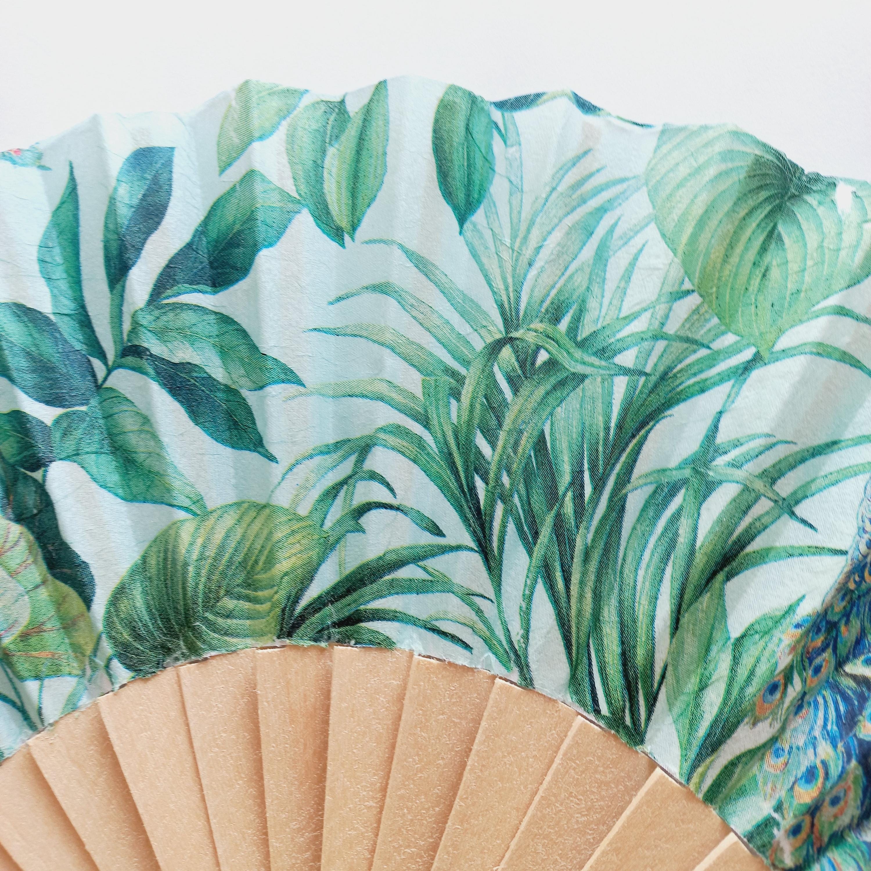 Tropical Leaves Hand Fan – Peacock Folding Fan –Summer Beach Accessory – Exotic Party Favor - Folding Fan with Palm Leaves - bridesmaid gift