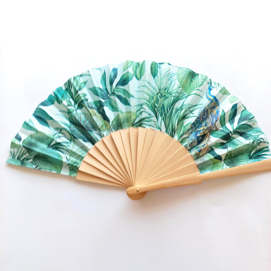Tropical Leaves Hand Fan – Peacock Folding Fan –Summer Beach Accessory – Exotic Party Favor - Folding Fan with Palm Leaves - bridesmaid gift