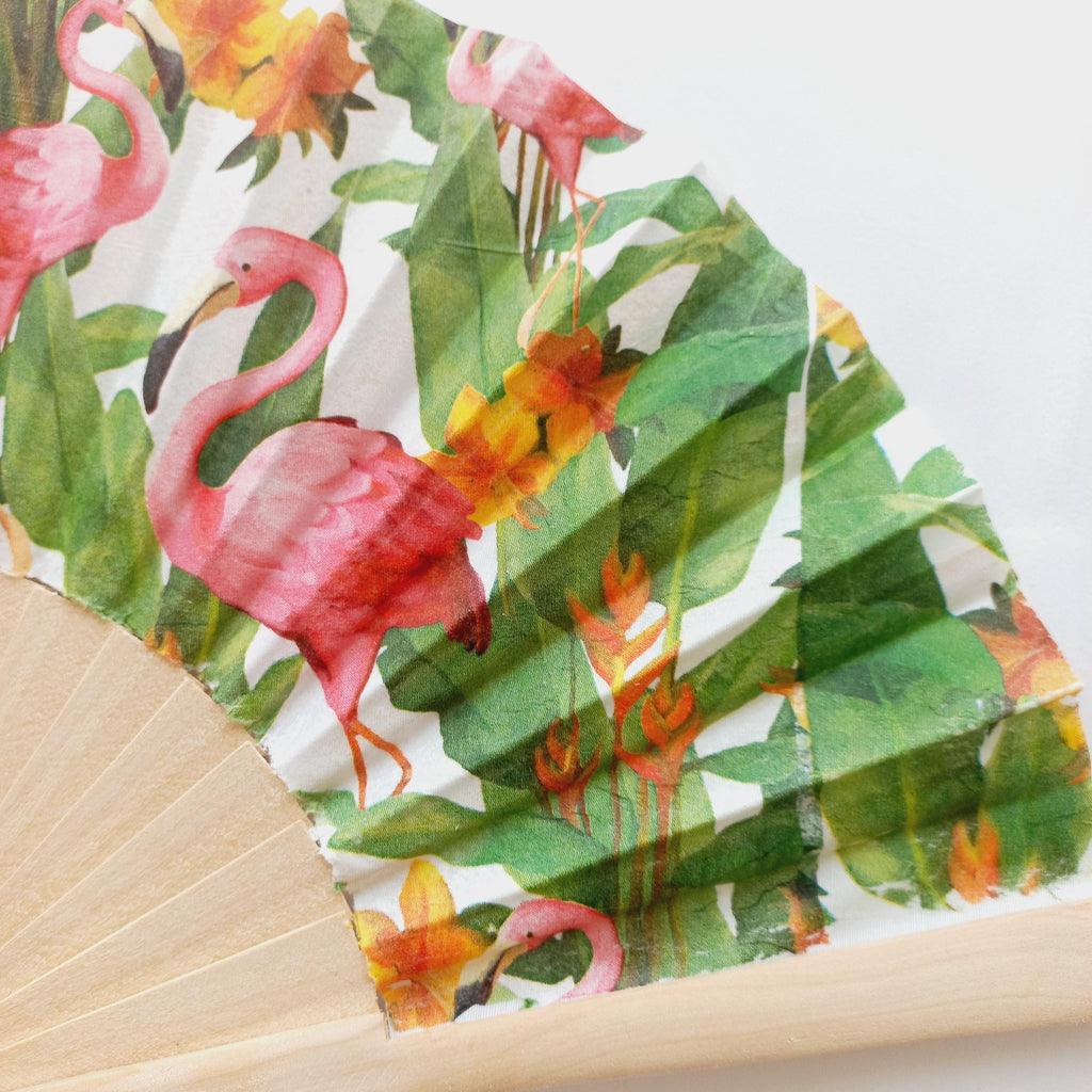 Tropical Flamingo Hand Fan – Pink Flamingo  Hibiscus Folding Fan –Summer Beach Accessory – Exotic Party Favor - Folding Fan with Palm Leaves