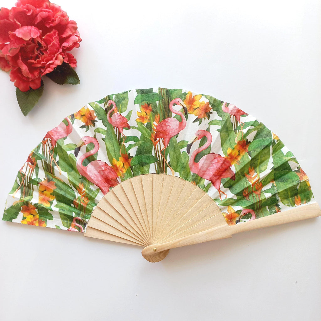 Tropical Flamingo Hand Fan – Pink Flamingo  Hibiscus Folding Fan –Summer Beach Accessory – Exotic Party Favor - Folding Fan with Palm Leaves
