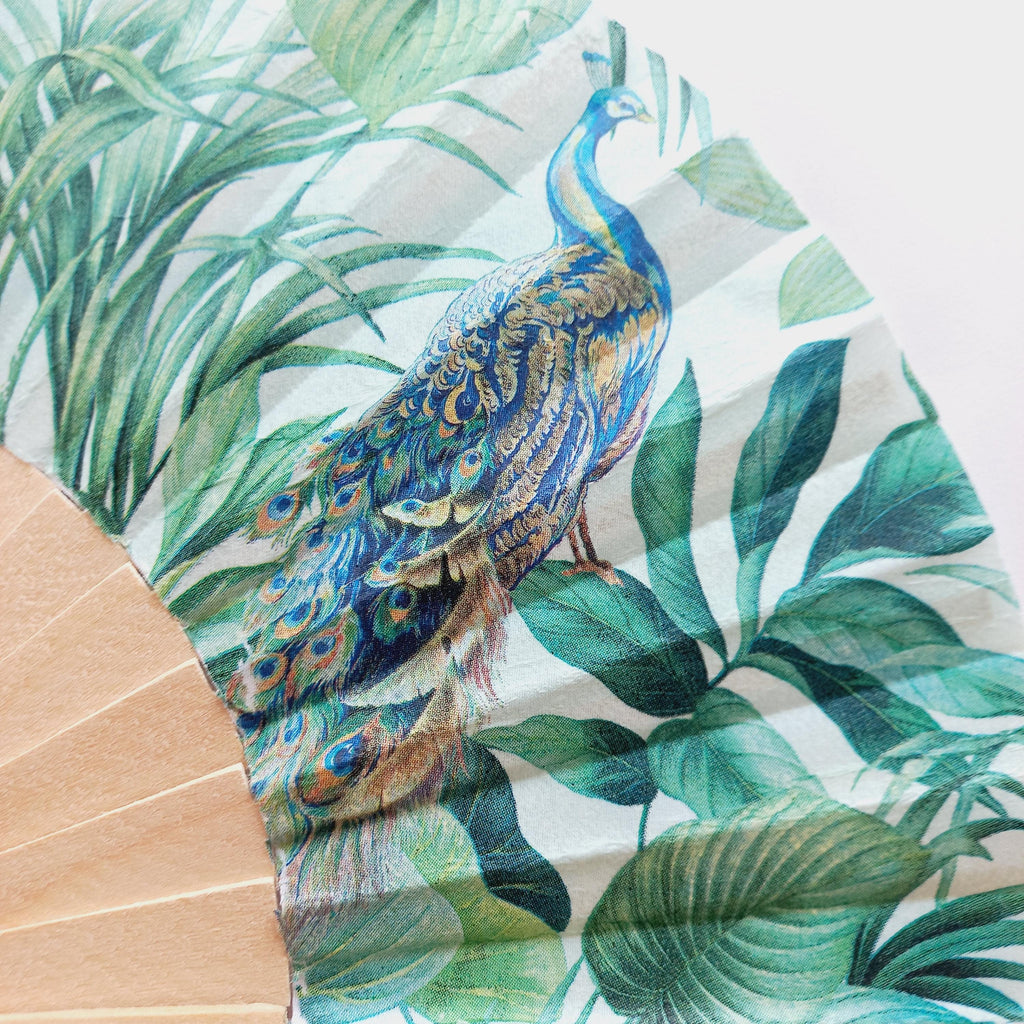 Tropical Leaves Hand Fan – Peacock Folding Fan –Summer Beach Accessory – Exotic Party Favor - Folding Fan with Palm Leaves - bridesmaid gift