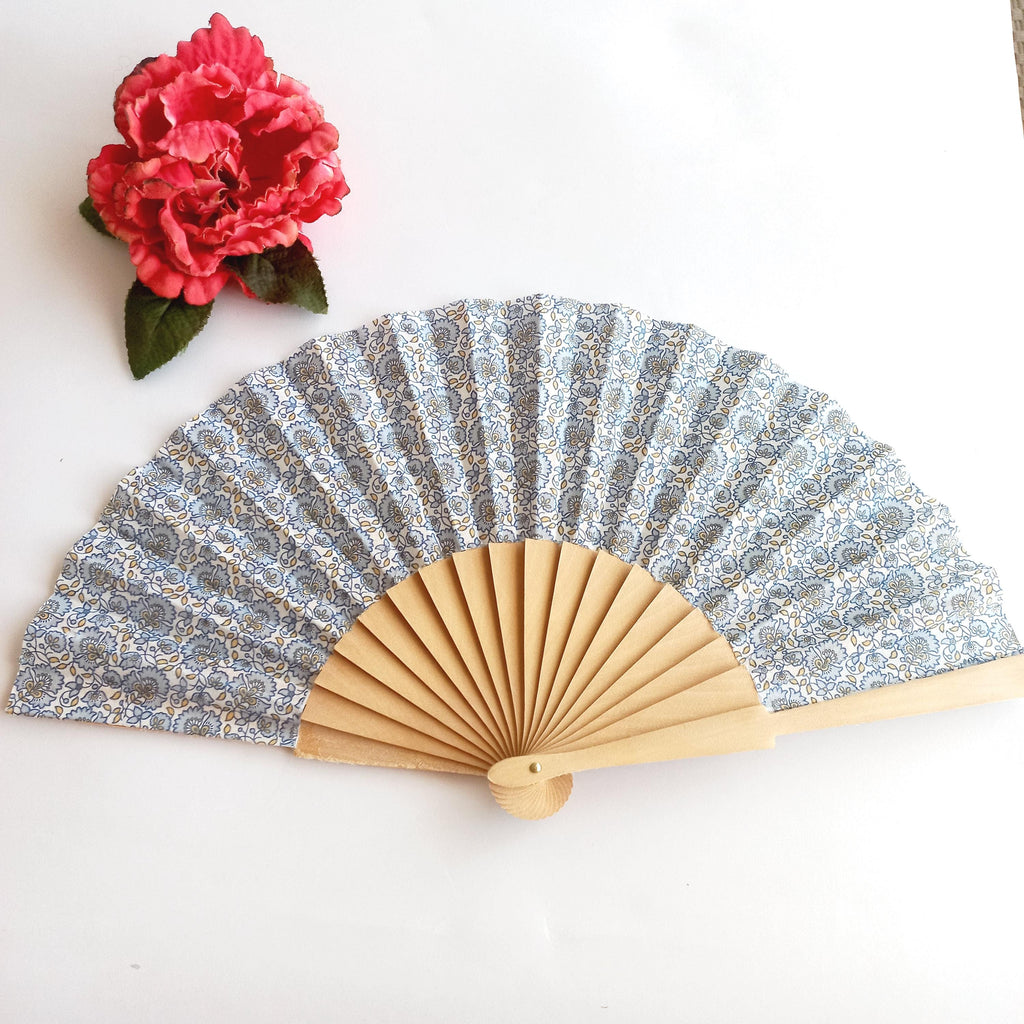 Blue Small Flowers Hand Fan, Mediterranean Floral Holding Fan, Wedding Dress Accessory, Spanish Hand Fan, blue for bride