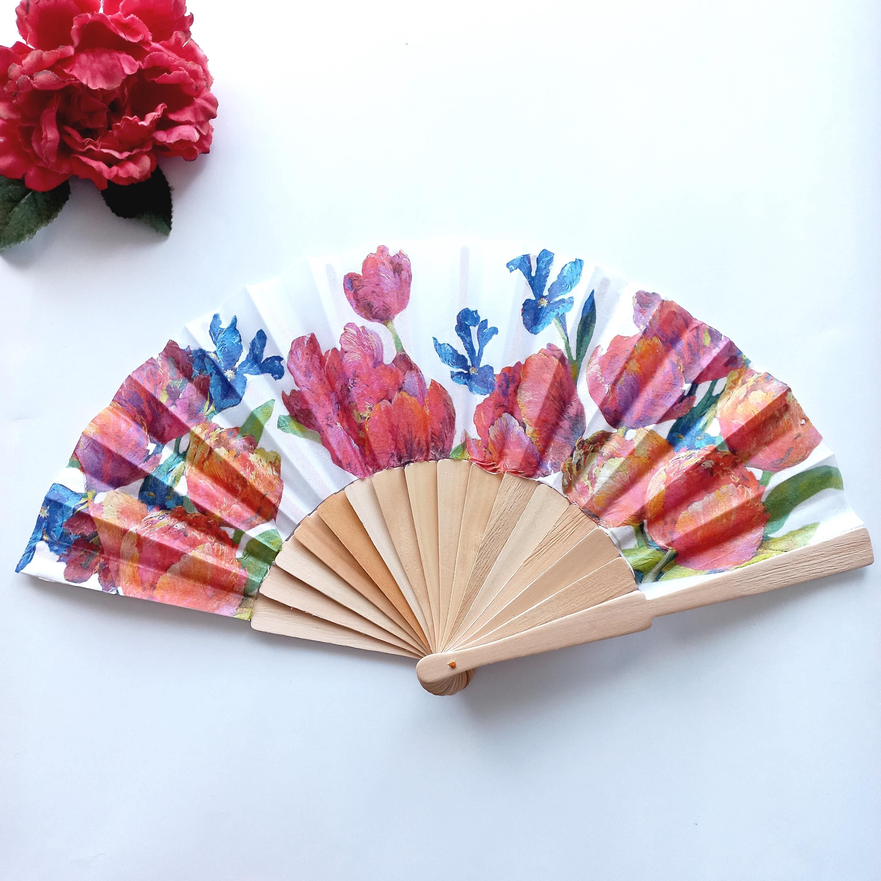 Hand Fan with Red Tulips | Floral Folding Fan | Colorful Spring Fan | Wooden Spanish Hand fan | Summer Accessory | Gift for Her