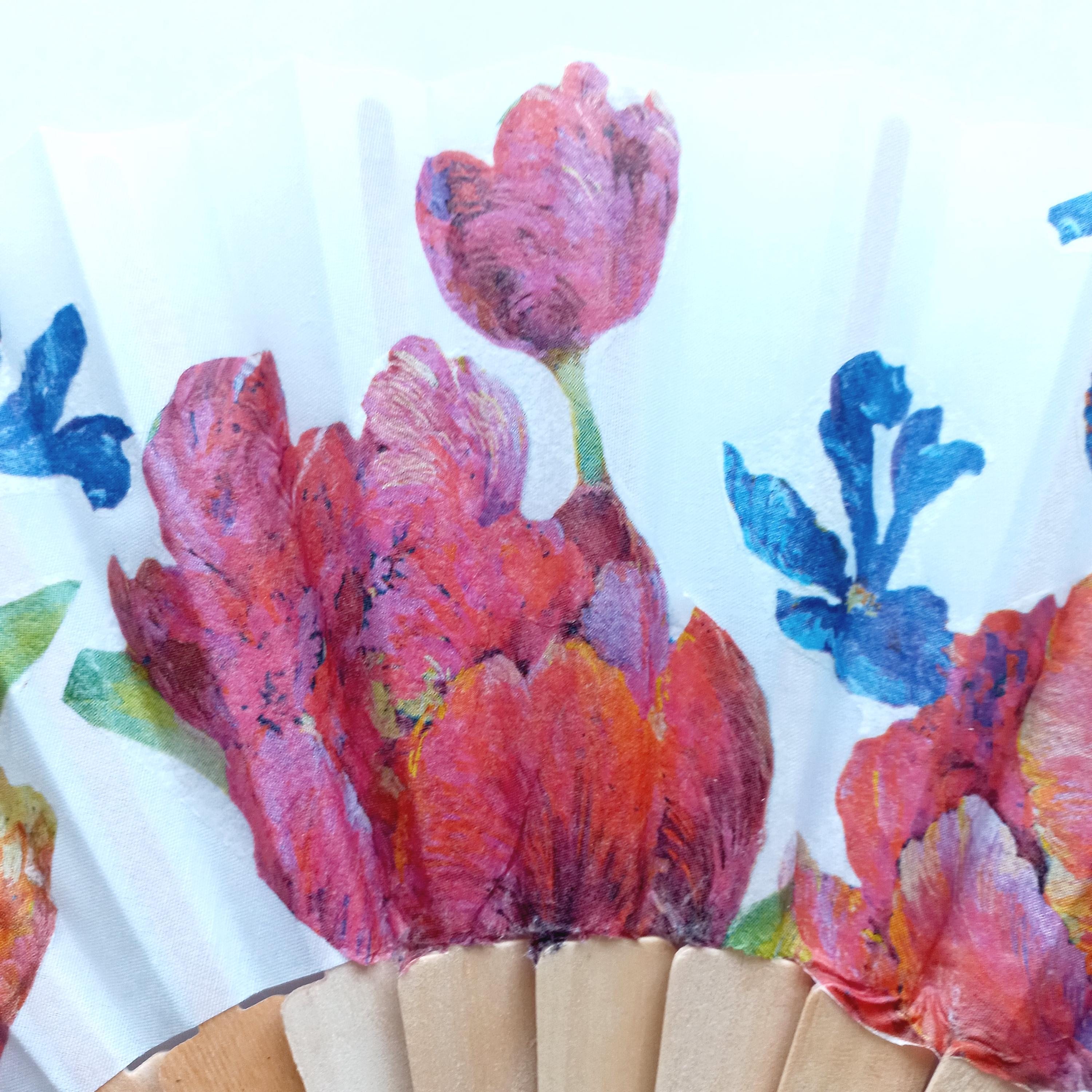 Hand Fan with Red Tulips | Floral Folding Fan | Colorful Spring Fan | Wooden Spanish Hand fan | Summer Accessory | Gift for Her