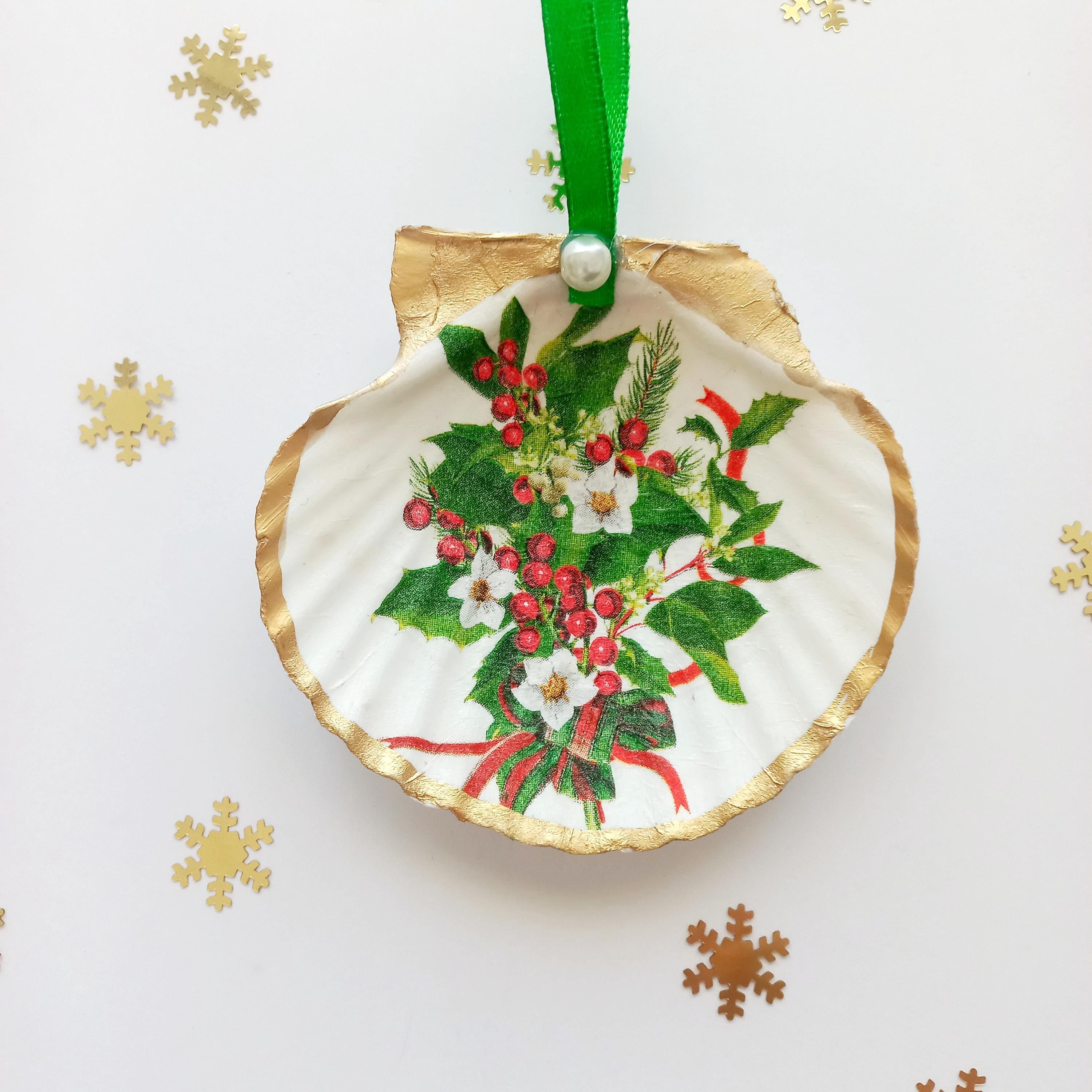 Scallop Shell Christmas Ornament – Owl family Christmas Decoration, Coastal Holiday Ornament, Beach Cottage Christmas Gift