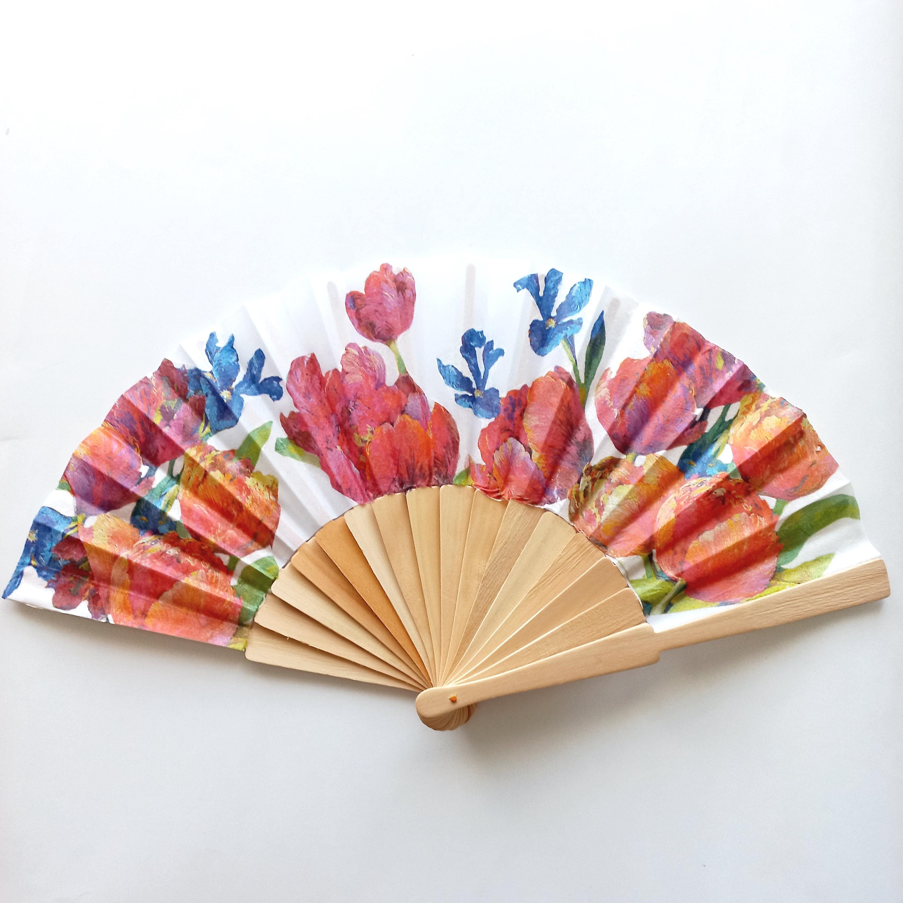 Hand Fan with Red Tulips | Floral Folding Fan | Colorful Spring Fan | Wooden Spanish Hand fan | Summer Accessory | Gift for Her