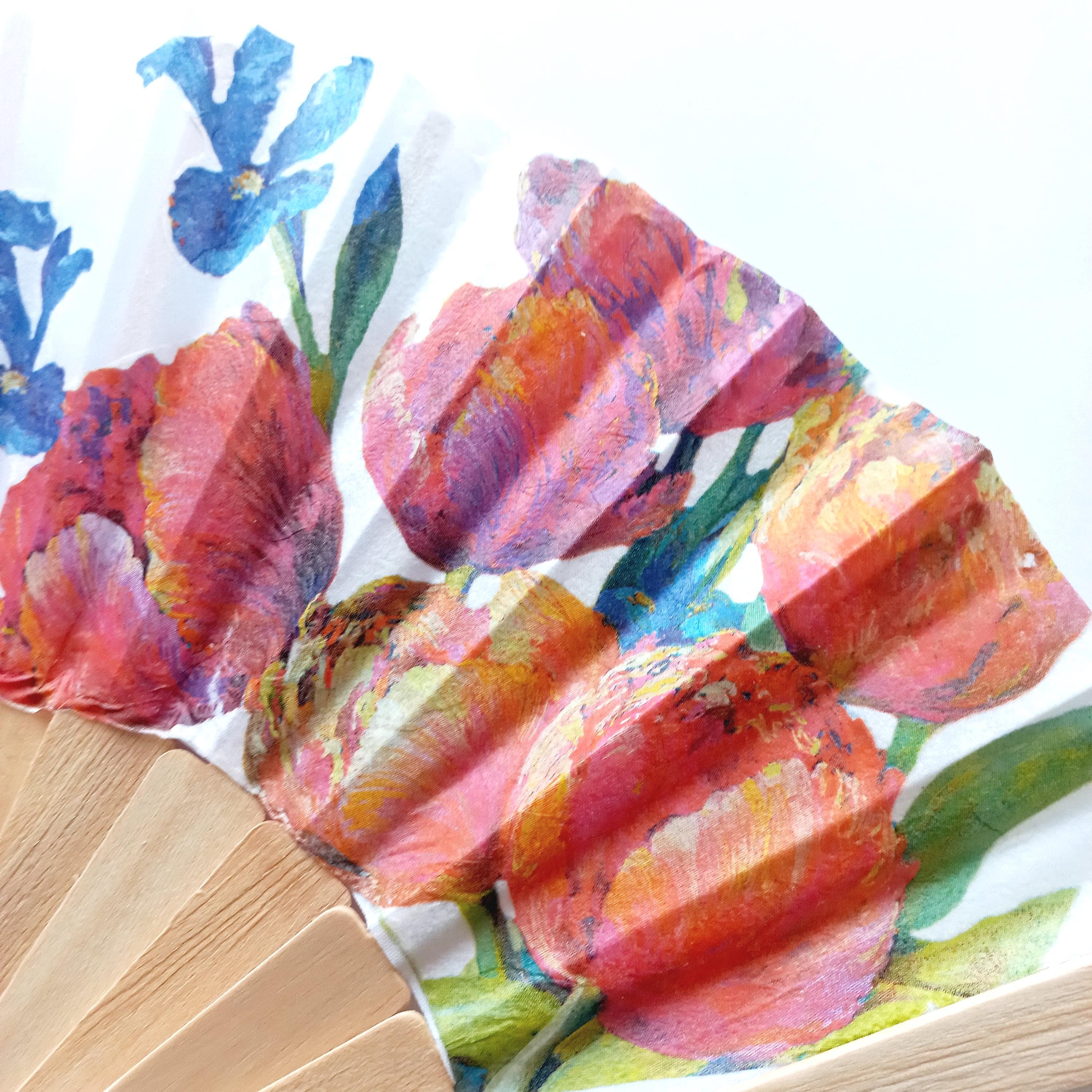Hand Fan with Red Tulips | Floral Folding Fan | Colorful Spring Fan | Wooden Spanish Hand fan | Summer Accessory | Gift for Her