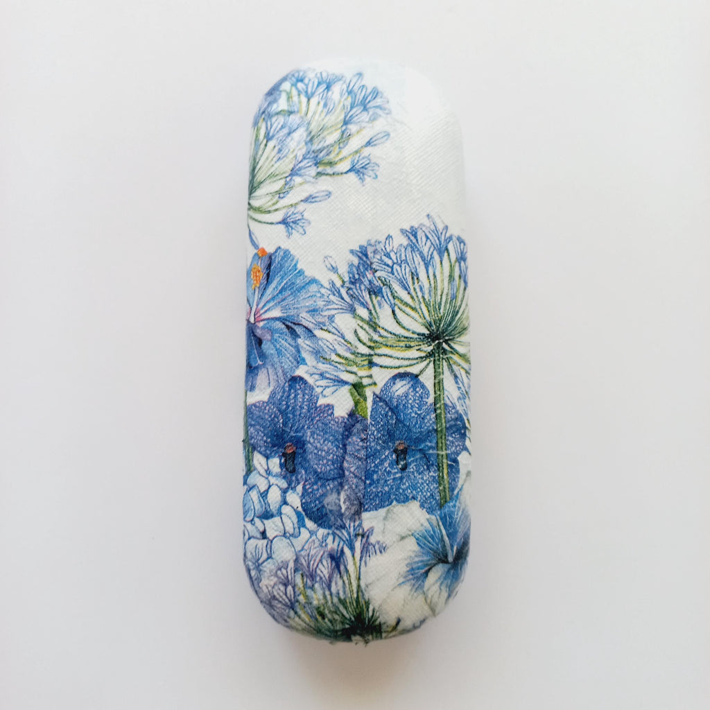 Floral Glasses Case with Hummingbird | Hard Eyeglass Case | Blue Flower Design | Gift for Her | Nature-Inspired Eyewear Case