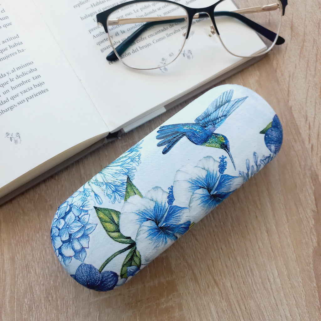 Floral Glasses Case with Hummingbird | Hard Eyeglass Case | Blue Flower Design | Gift for Her | Nature-Inspired Eyewear Case