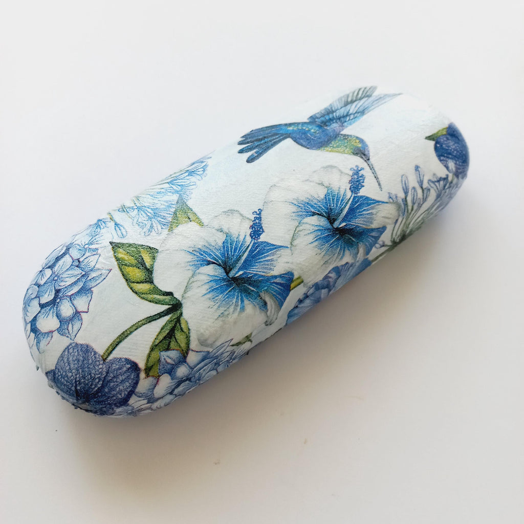 Floral Glasses Case with Hummingbird | Hard Eyeglass Case | Blue Flower Design | Gift for Her | Nature-Inspired Eyewear Case