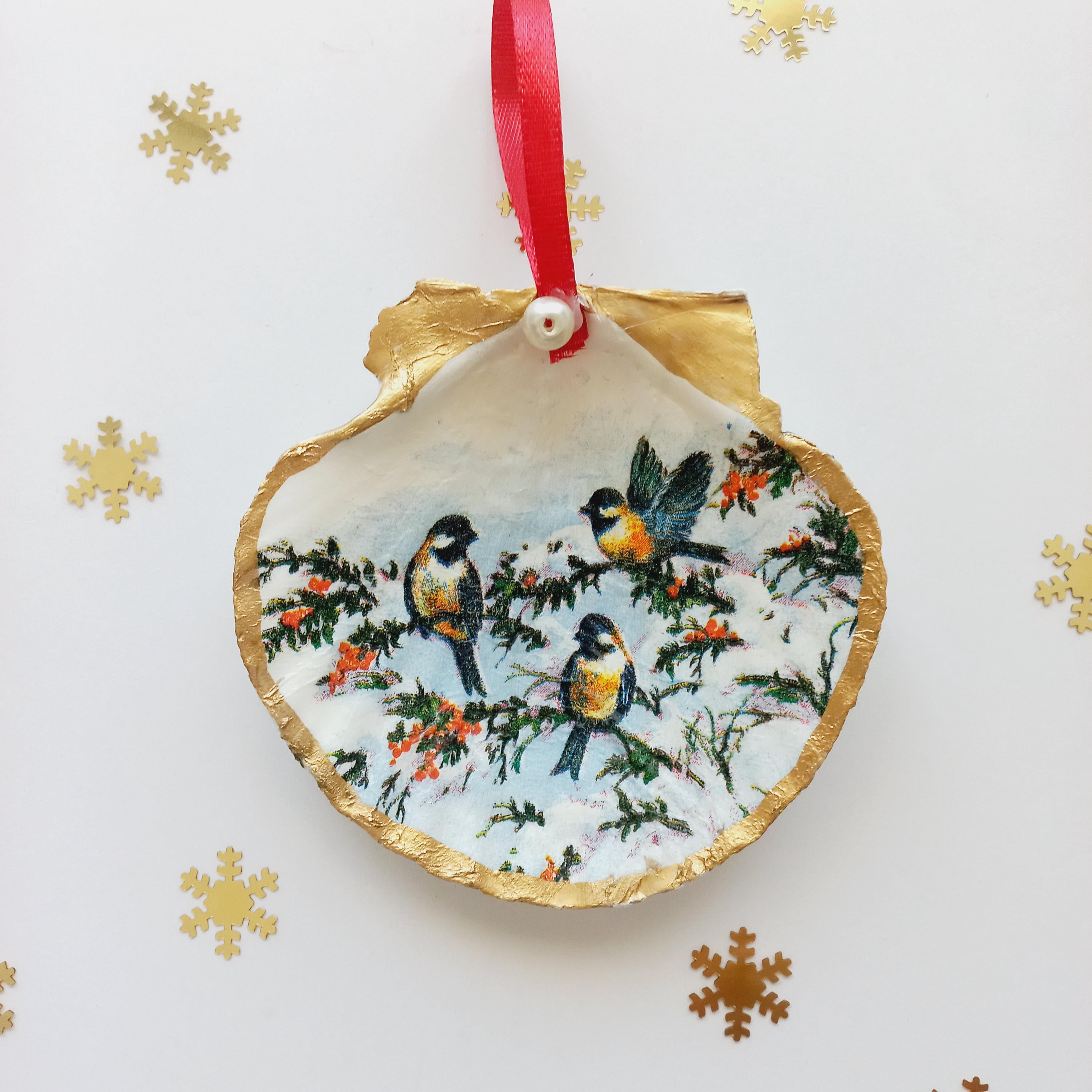 Scallop Shell Christmas Ornament – Owl family Christmas Decoration, Coastal Holiday Ornament, Beach Cottage Christmas Gift