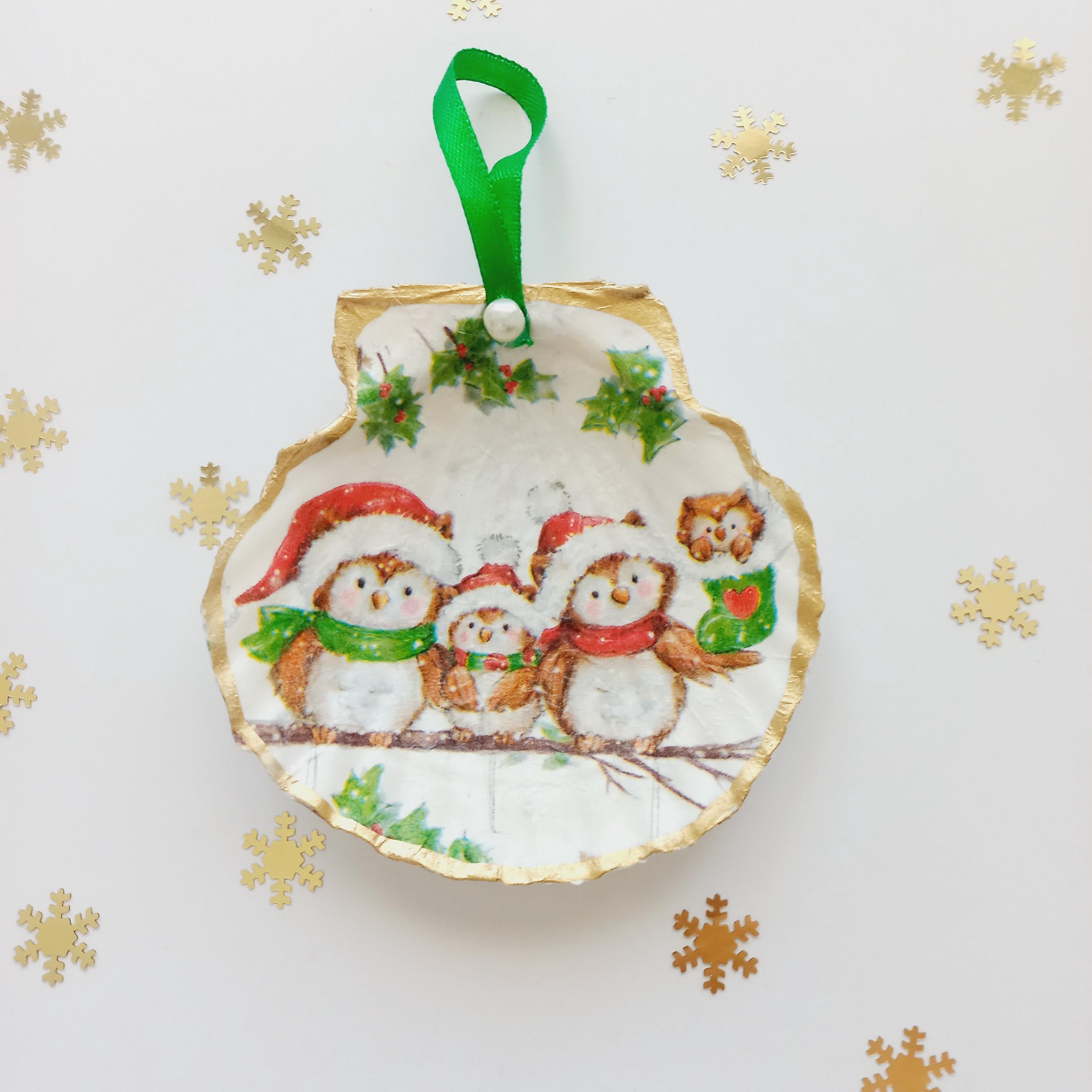 Scallop Shell Christmas Ornament – Owl family Christmas Decoration, Coastal Holiday Ornament, Beach Cottage Christmas Gift