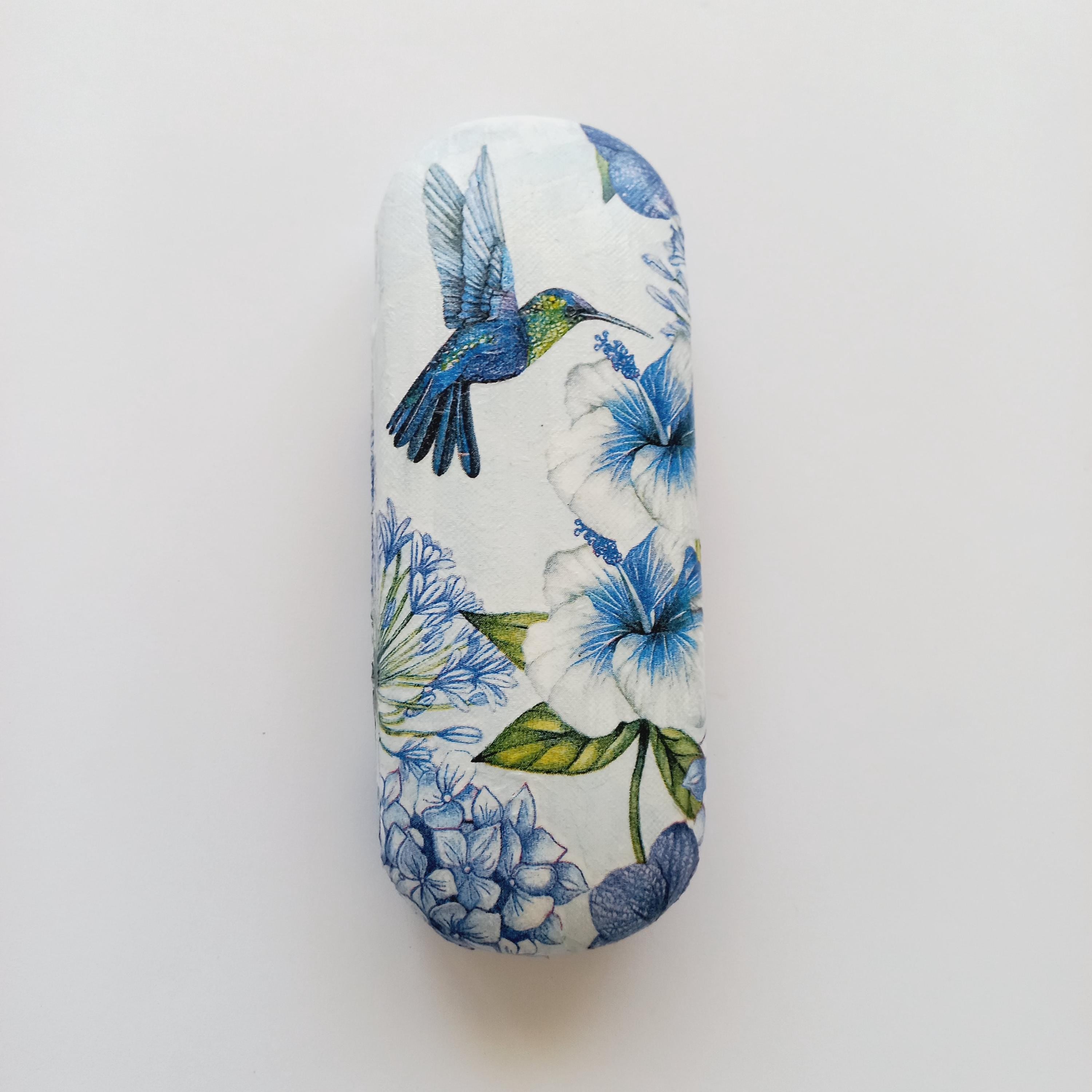 Floral Glasses Case with Hummingbird | Hard Eyeglass Case | Blue Flower Design | Gift for Her | Nature-Inspired Eyewear Case